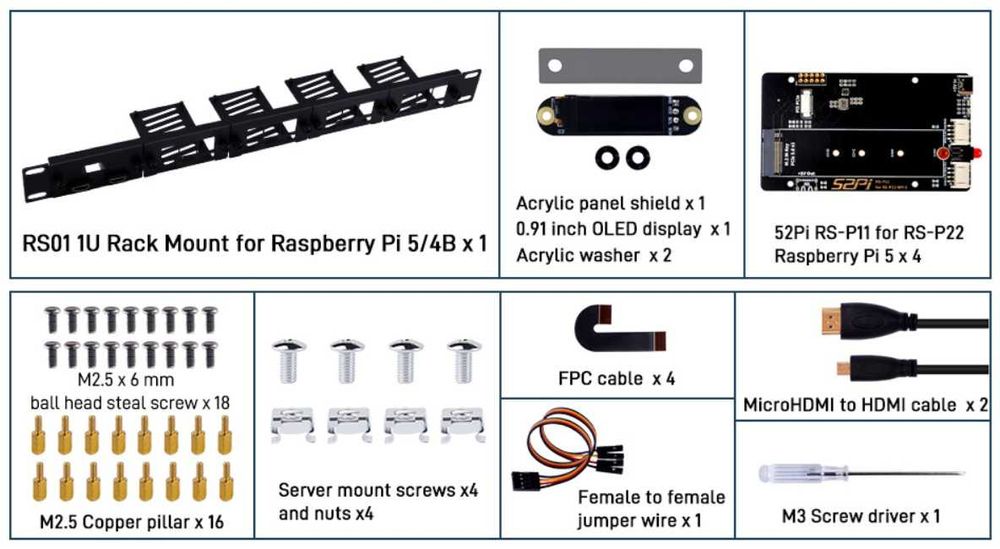 GeeekPi RS01 1U dla Raspberry Pi 5/4B z 4PCS RSP11 PCIe na M2 NVMe SSD