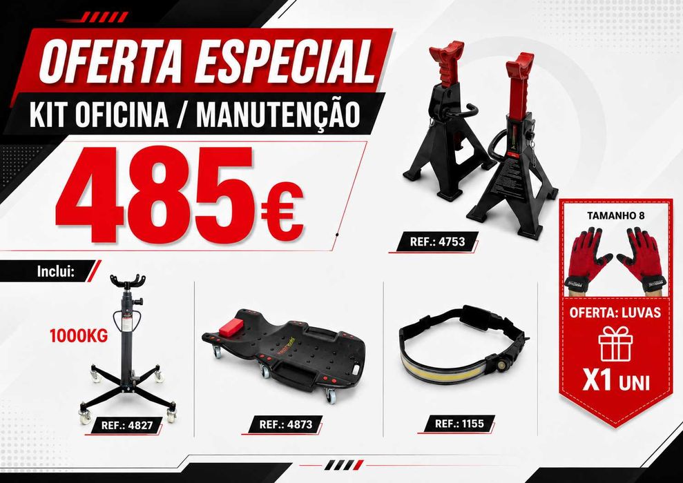 KIT OFICINA KROFTOOLS [ PREGUIÇAS 3T | ESTRADO MECANICO | LUZ DE CABEÇA | MACACO DE TRANSMISSÃO 1000KG ] LL29