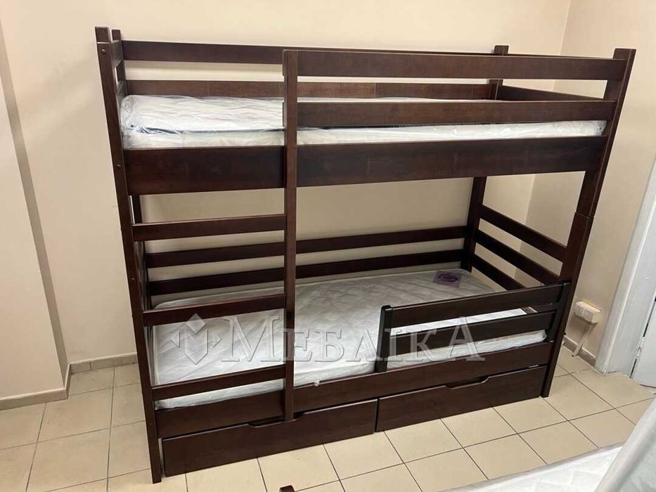 Двохповерхове дитяче ліжко, двоярусне ліжко (розбирається на 2 односпальні) дерево бук, в наявності в кольорі горіх та сірий під матраци 80х190 см