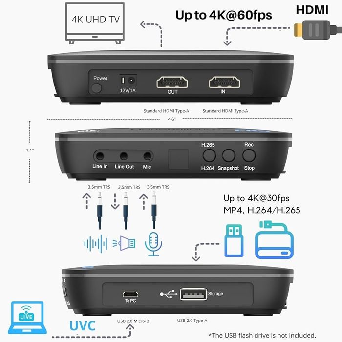 UHD Pro, gravador de vídeo 4K, HDMI Capture DVR com codec H.265/H.264,