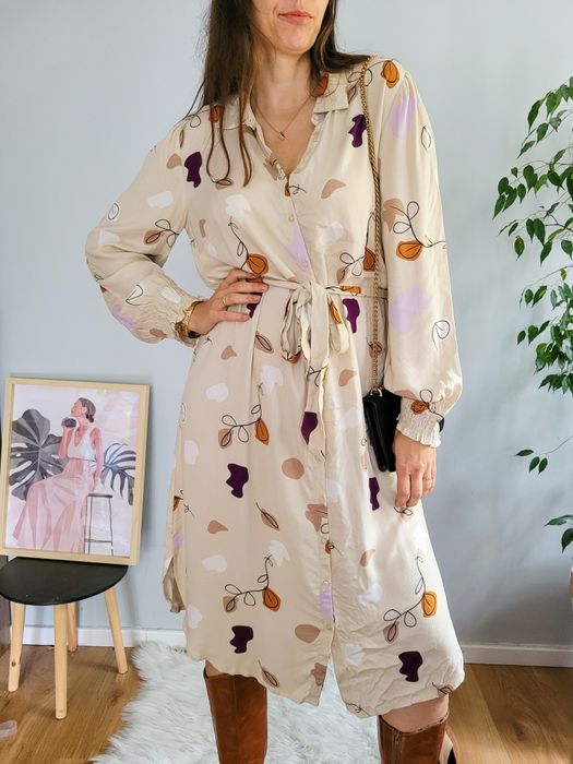 Kremowa sukienka szmizjerka VRS L wiązana wiskoza koszulowa autumn