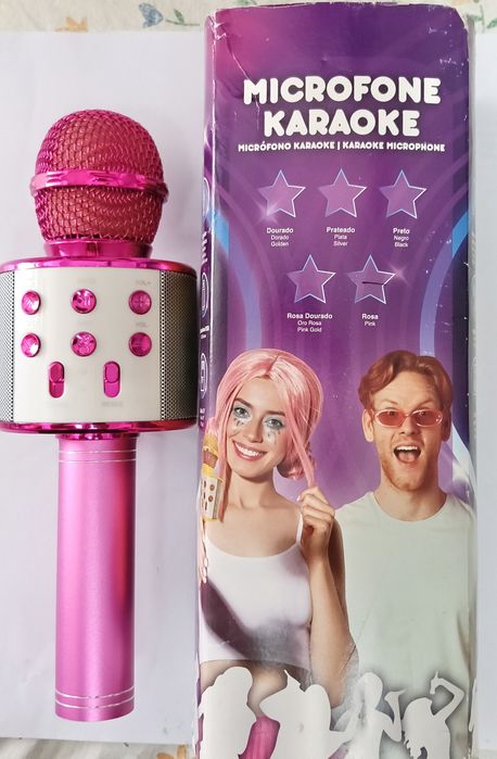 MICROFONE MULTIFUNÇÕES SEM FIOS_Conectividade_Bluetooth de Karaokê_Portátil._USB_SD_MP3_Cor ROSA_Caixa de Som_Youtuber