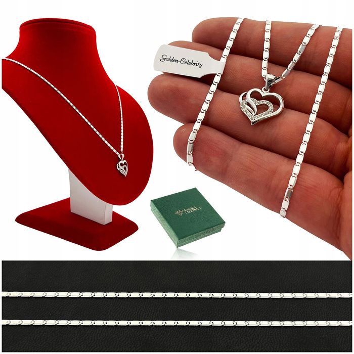 Srebrny Łańcuszek Damski + Zawieszka Serce 925 Prezent Dla Mamy + Dedy