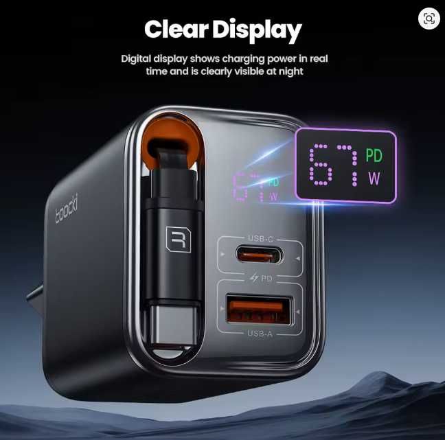 Ładowarka Toocki 67W GaN USB C z wysuwanym kablem typu C 3 w 1