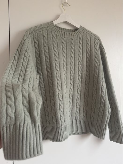 Gruby sweter kaszmirowy Zara splot warkocz idealny stan gruby puszysty M 38 szalwia zielen mietowy premium