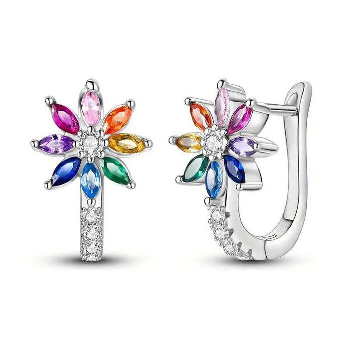 Серебрянные Серьги-кольца "Радужный цветок" в французском стиле