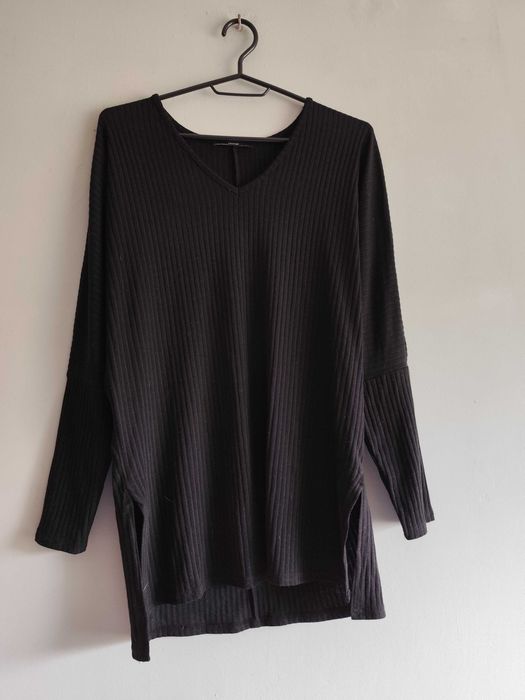 piękna czarna prążkowana bluzka z długim rękawem basic