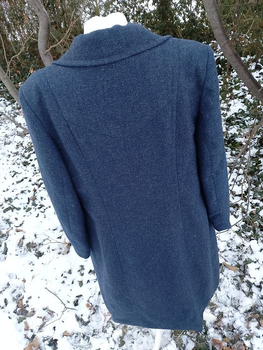 Niebieski długi wełniany płaszcz vintage M L lata 70 80