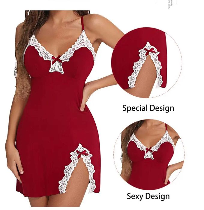 Seksowna koszula nocna koronkowa jedwab satyna dekolt czerwony roz M