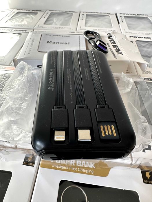 Powerbank 10000 mAh 4w1 — bezprzewodowy + 3 wbudowane kable, NOWY