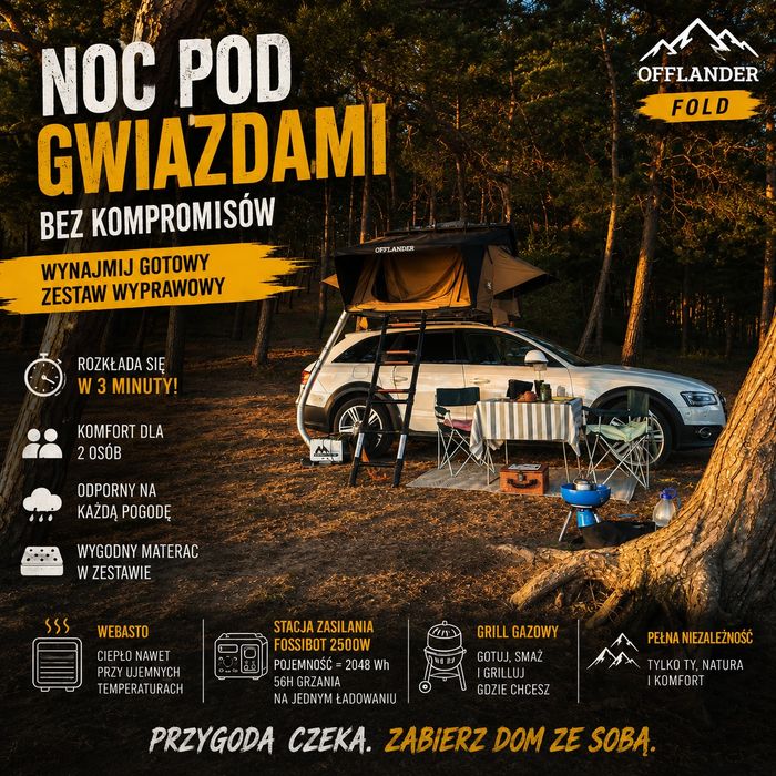 Namiot dachowy Offlander Fold 2 - rowery elektryczne, stacja ładowania, webasto, grill gazowy  - OFFGRID  - WYNAJEM/WYPOŻYCZALNIA