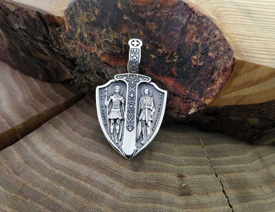 Серебряная подвеска, кулон щит с архангелом Михаилом. Срібний підвісок