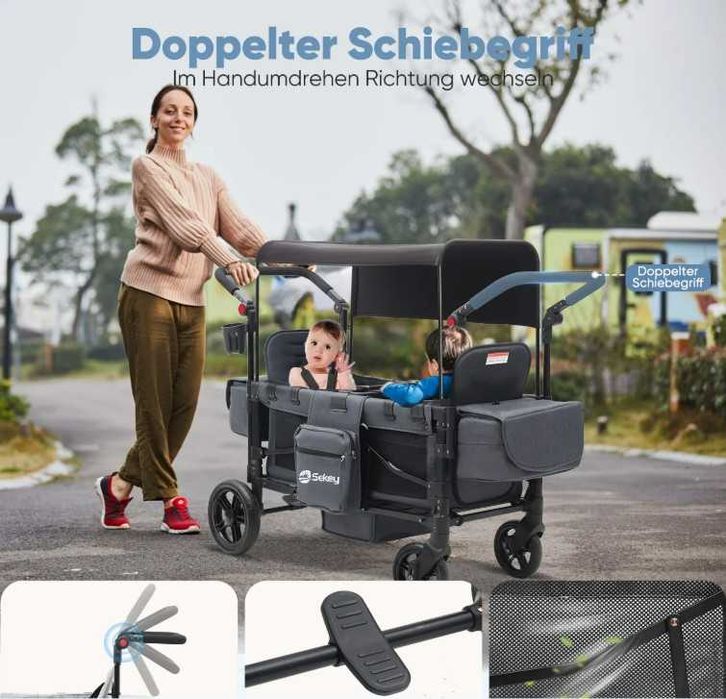 Wózek dla dwójki dzieci PREMIUM WAKACYJNY na wyjazdy FW153 uchwyt