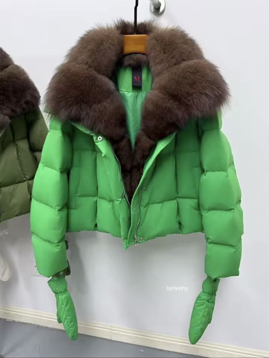 Kontantto kurtka puchowa zielen z lisem i rekawicami xs-xl