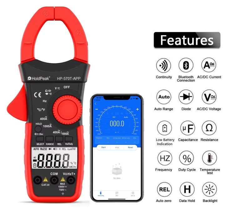 Струмові кліщі постійного струму з Bluetooth HoldPeak HP-570APP, різні