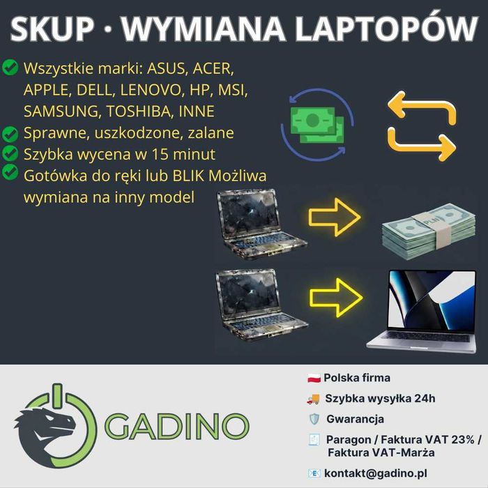 Skup Laptopów - SPRAWNE | USZKODZONE | NIEKOMPLETNE | POLEASINGOWE | wszystkie marki, szybka wycena, zapraszamy!