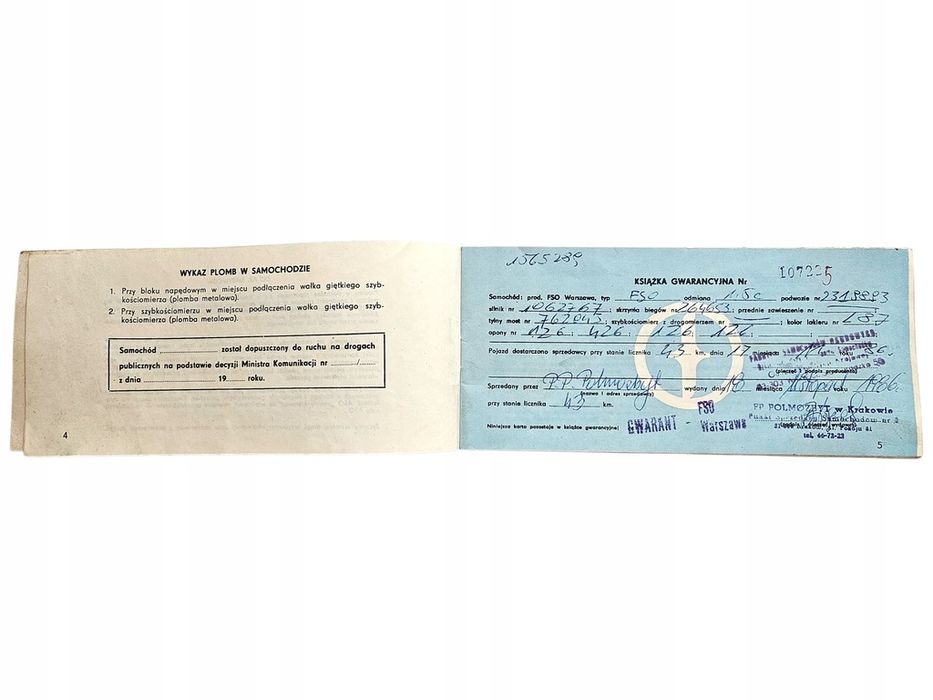 Książka Gwarancyjna Fabryka Samochodów Osobowych FSO Warszawa