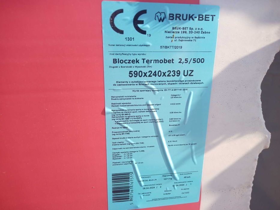 Pustak bloczek gazobeton suporex suporeks Termobet 24 cm kl.500 24x24