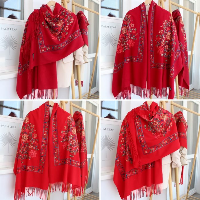 Теплий кашеміровий шарф з шовковою вишивкою, 15 кольорів