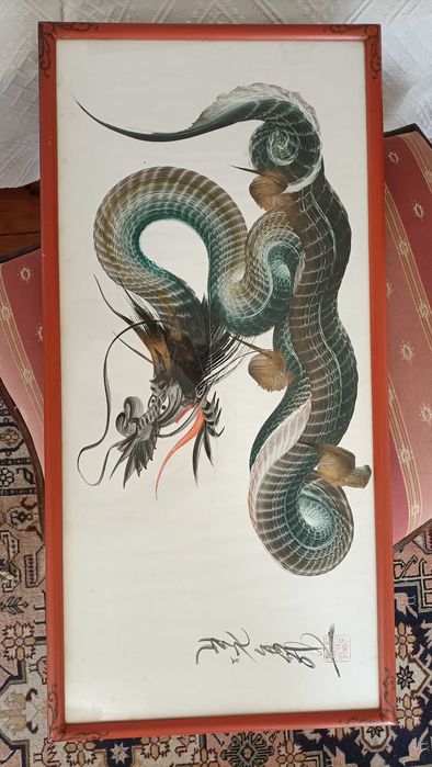 Vintage Quadro com Desenho Litografia Dragao Japonês Assinado