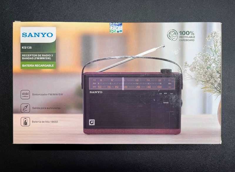 Rádio Portátil Sanyo KS138 (FM/MW/SW) com Bateria Recarregável por USB-C – Novo na Caixa