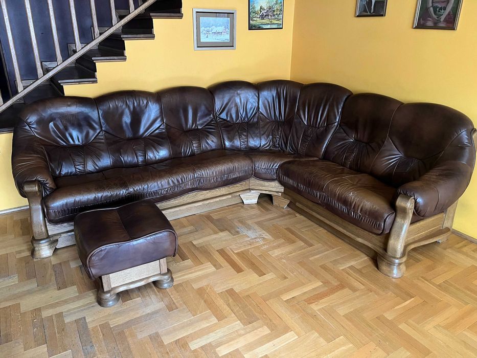 Kanapa narożna skórzana, drewno dębowe