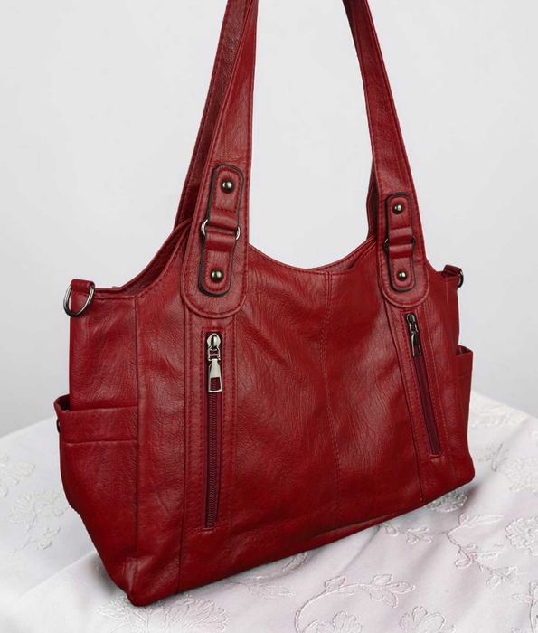 Czerwona Torebka Shopper Bag Skóra Ekologiczna Duża Na Ramię