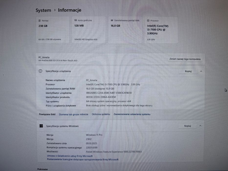 HP ProOne 600 G3 AIO 21,5 cala, 16GB RAM,WIFI,  stan dobry