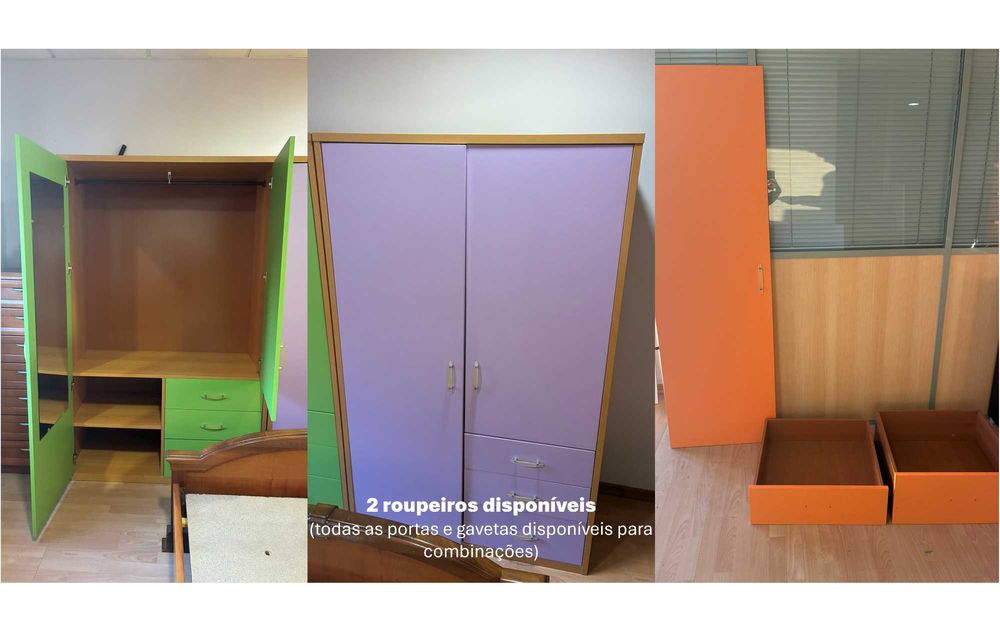 quarto juvenil: cama, roupeiro, secretária, 2 mesinhas, prateleira