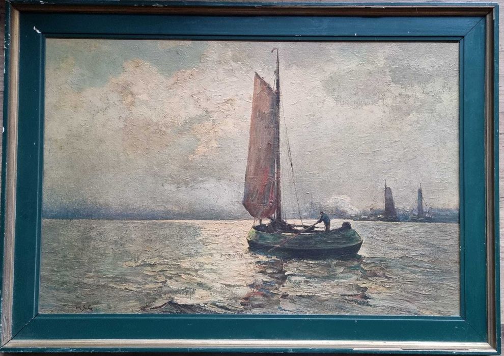 Połów o świcie,  Rudolf A. Guba ur.1884 zm.1950 olej/płyta