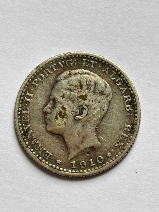Moeda de Prata de Portugal, 100 Réis, 1910 (KM#548) – Rei Manuel II – Estado de Conservação Fine – Última Monarquia