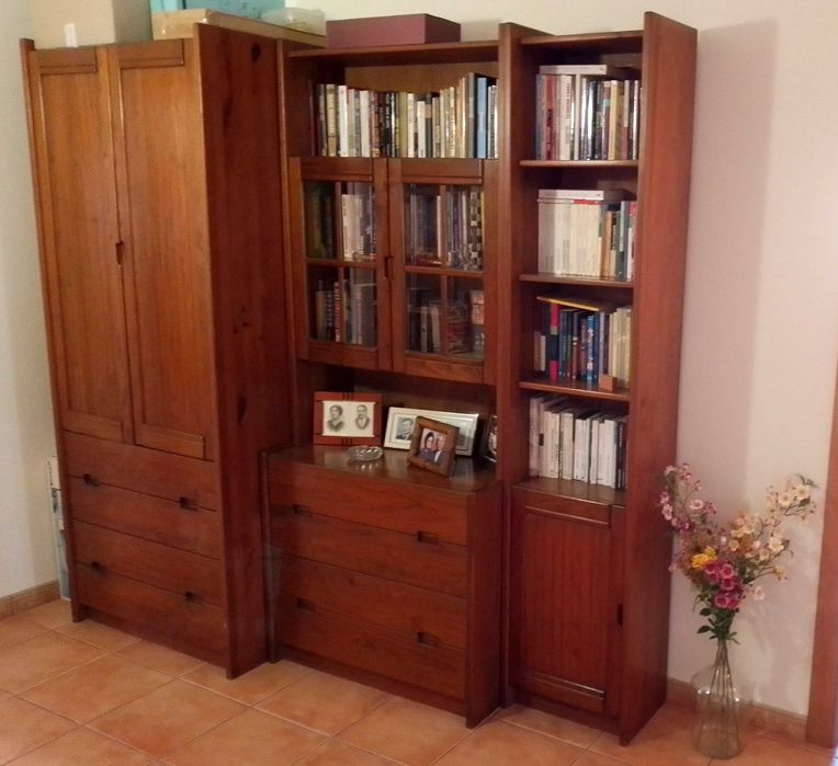 Armário/roupeiro + estantes c/ gavetas (em madeira maciça, usados)
