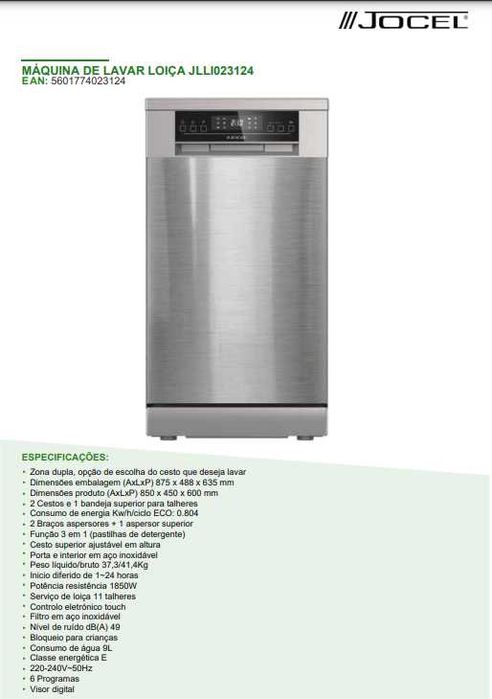Máquina de Lavar a Loiça Inox 45cm largura Jocel
