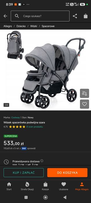 Wózek costway podwójny szary