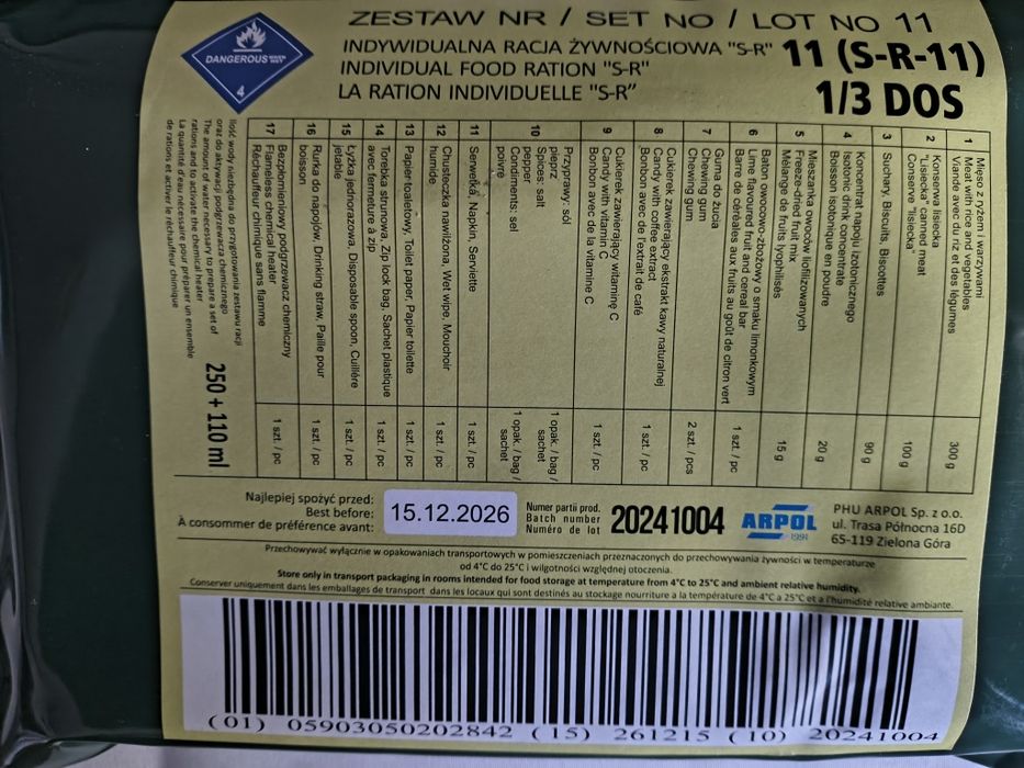 Indywidualne racje żywieniowe SR 3, 4, 6, 11 + dodatkowe podgrzewacze chemiczne