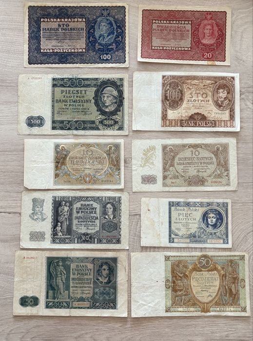 Zestaw starych polskich banknotów 1919–1941