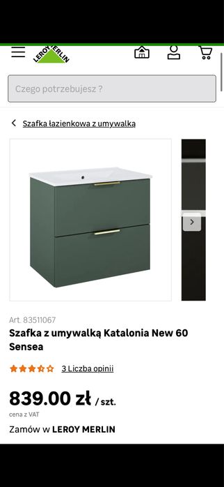 Szafka umywalkowa Katalonia 60 zlote uchwyty + umywalka