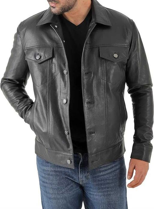 Casaco de homem clássico de couro estilo camionista couro e camurça premium