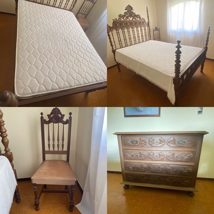Cama de Casal Clássica em Madeira com Estrado e Colchão