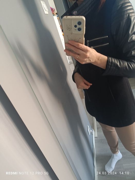 Płaszcz płaszczyk czarny eko skóra rękawy S/m