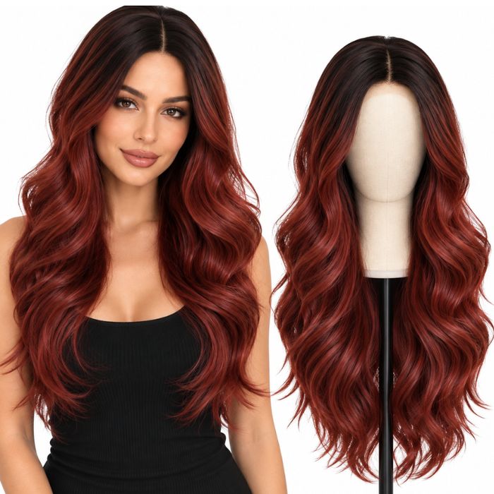 Peruka Damska Długa Falowana Ombre Burgund Miedź 70 cm