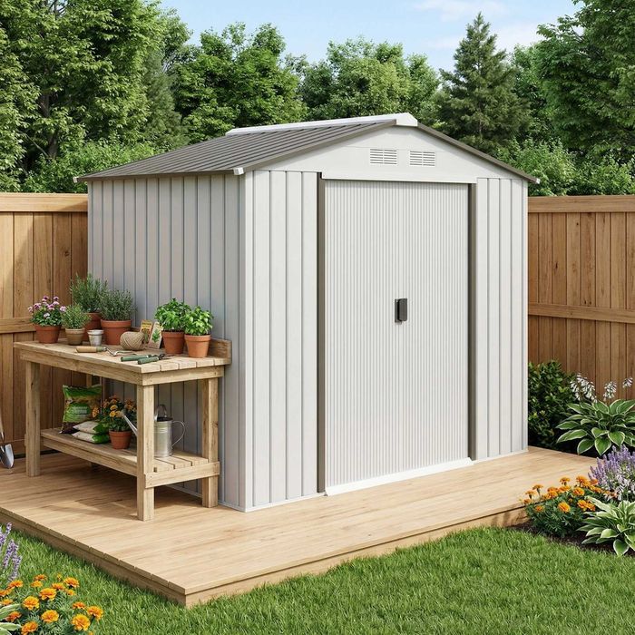 Abrigo de Jardim Metálico 213x130x185 cm Branco e Cinzento