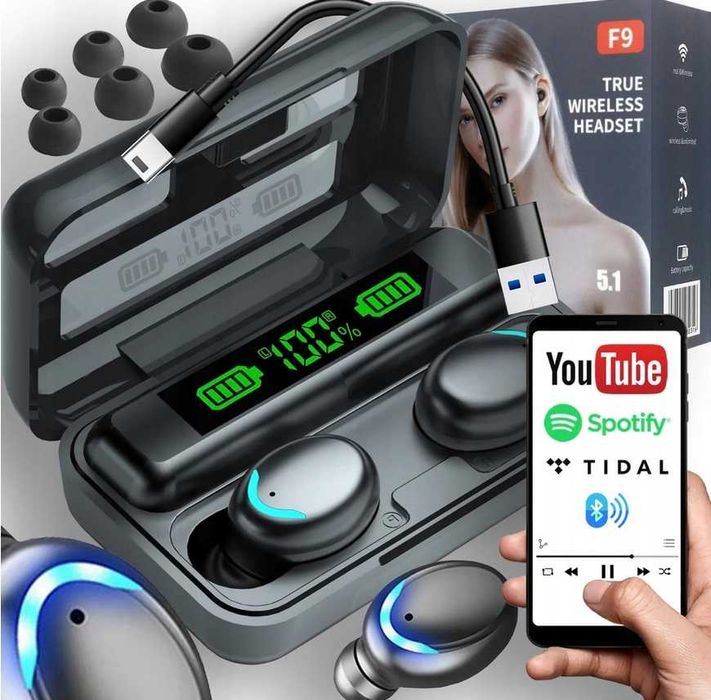 NOWE Słuchawki BEZPRZEWODOWE Bluetooth 5.1 F9 - PRO TWS + Powerbank