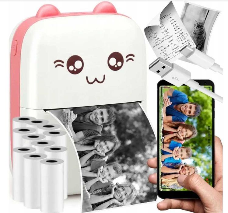 Drukuś mini drukarka różowa przenośna do zdjęć + 11 rolek gratis