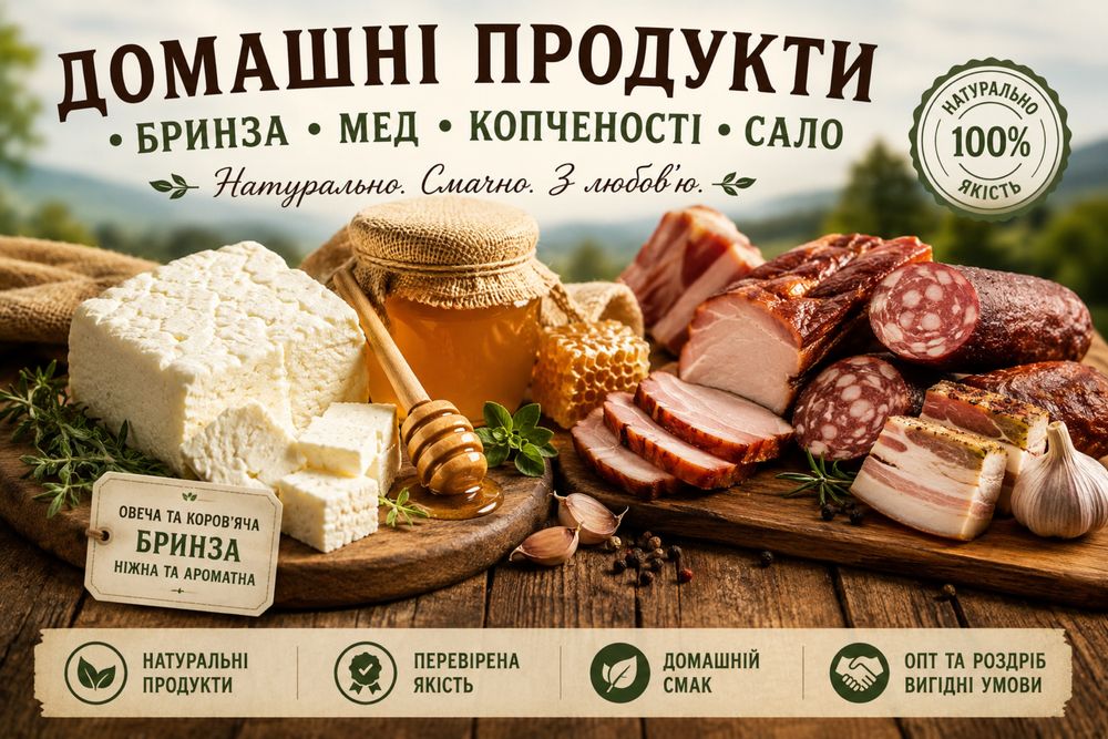 Бринза овеча та коров’яча | Мед | Домашнє сало | Сухі білі гриби | Опт і роздріб