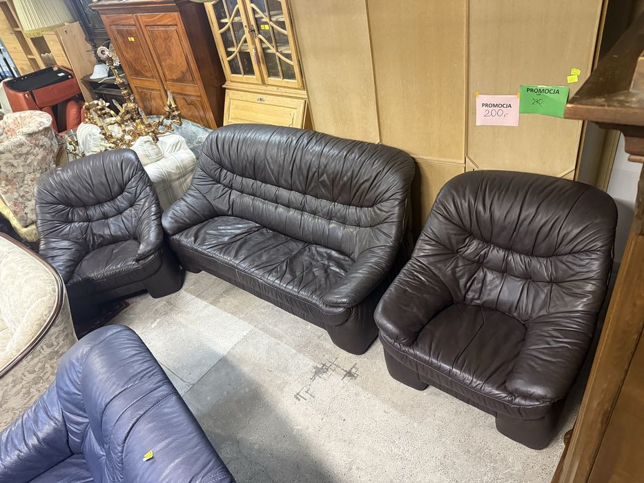 Komplet wypoczynkowy skórzany – 3-osobowa sofa + 2 fotele DOWOZ