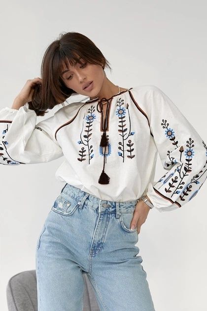 Вишиванка жіноча ESQ 5321, молочна блузка-вишиванка з довгим рукавом L