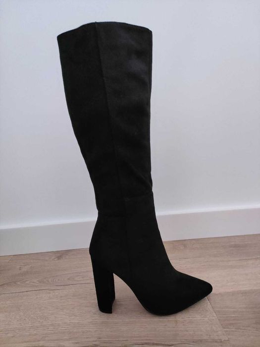 Kozaki damskie zamszowe na słupku czarne rozmiar 36