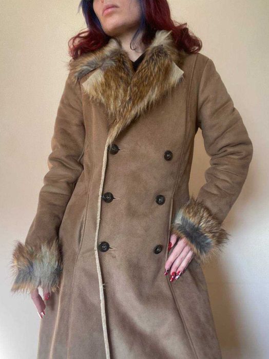 Тепла бежева дублянка штучна, вінтажне пальто, хутро, y2k,