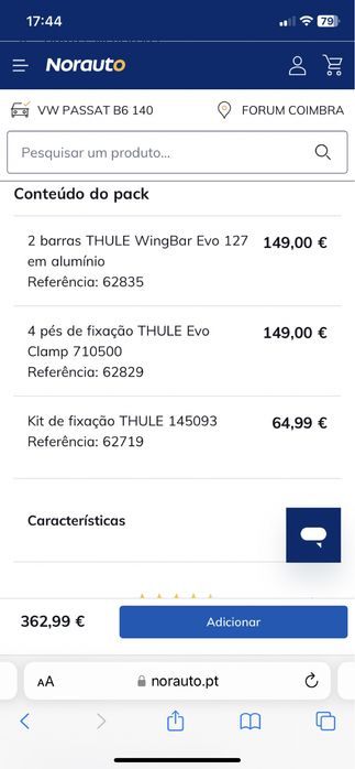 Barras tejadilho thule wingbar para vw passat b6 / b7